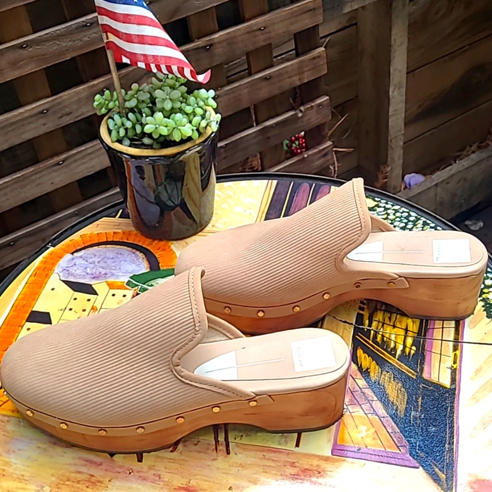 Dolce vita  nude /tan suede clogs, worn once inside home.